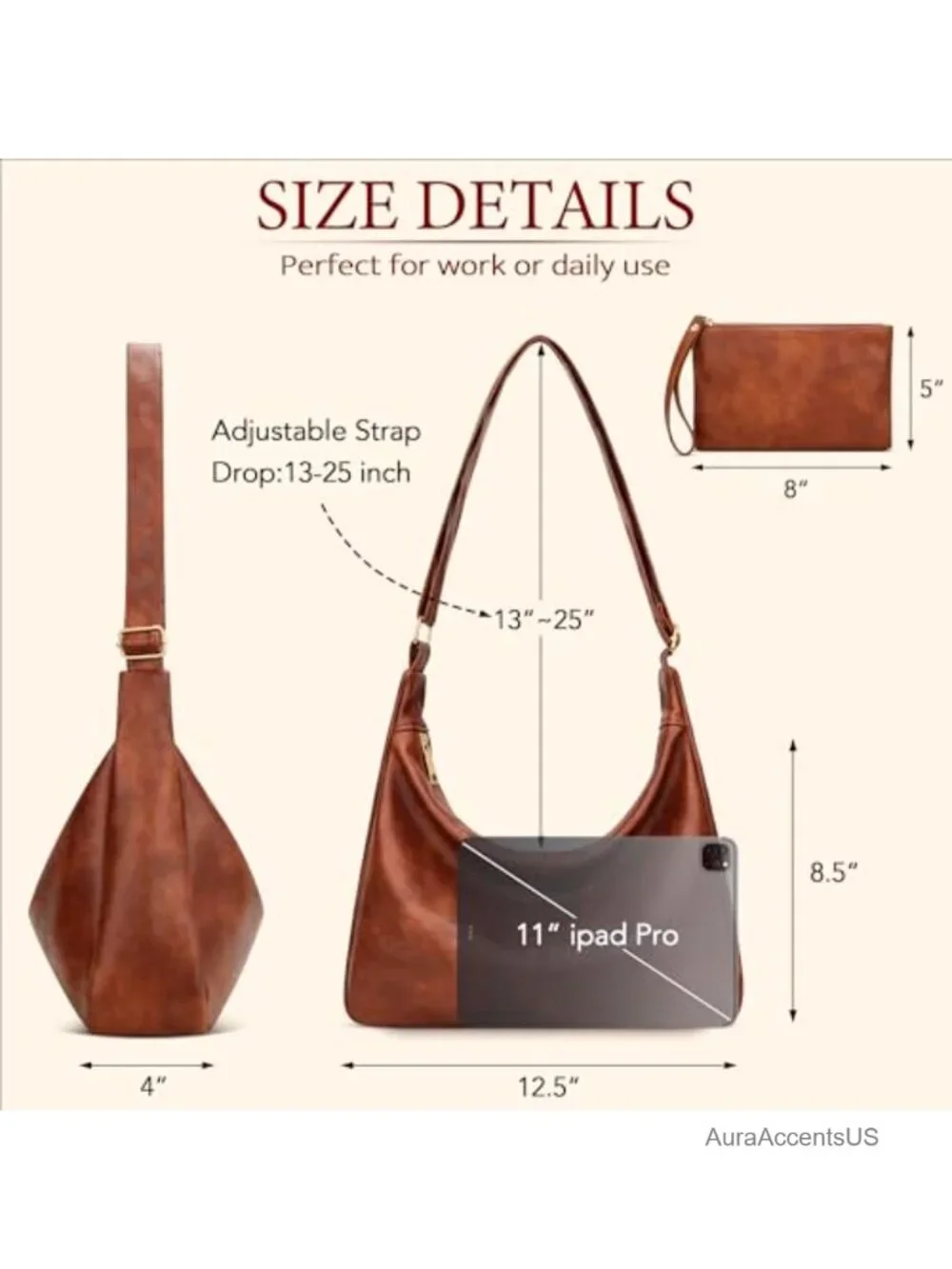Slouchy Hobo Bag Soft Vegan Leather Shoulder Purse Everyday
